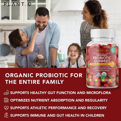 Plant.O Organic Probiotic Gummies for Women, Men & Kids [5 Billion CFUs USDA Certified] Help Support Digestion, Bloating, Constipation & Immune System, Strawberry Flavor, 30 Chewable Probiotics