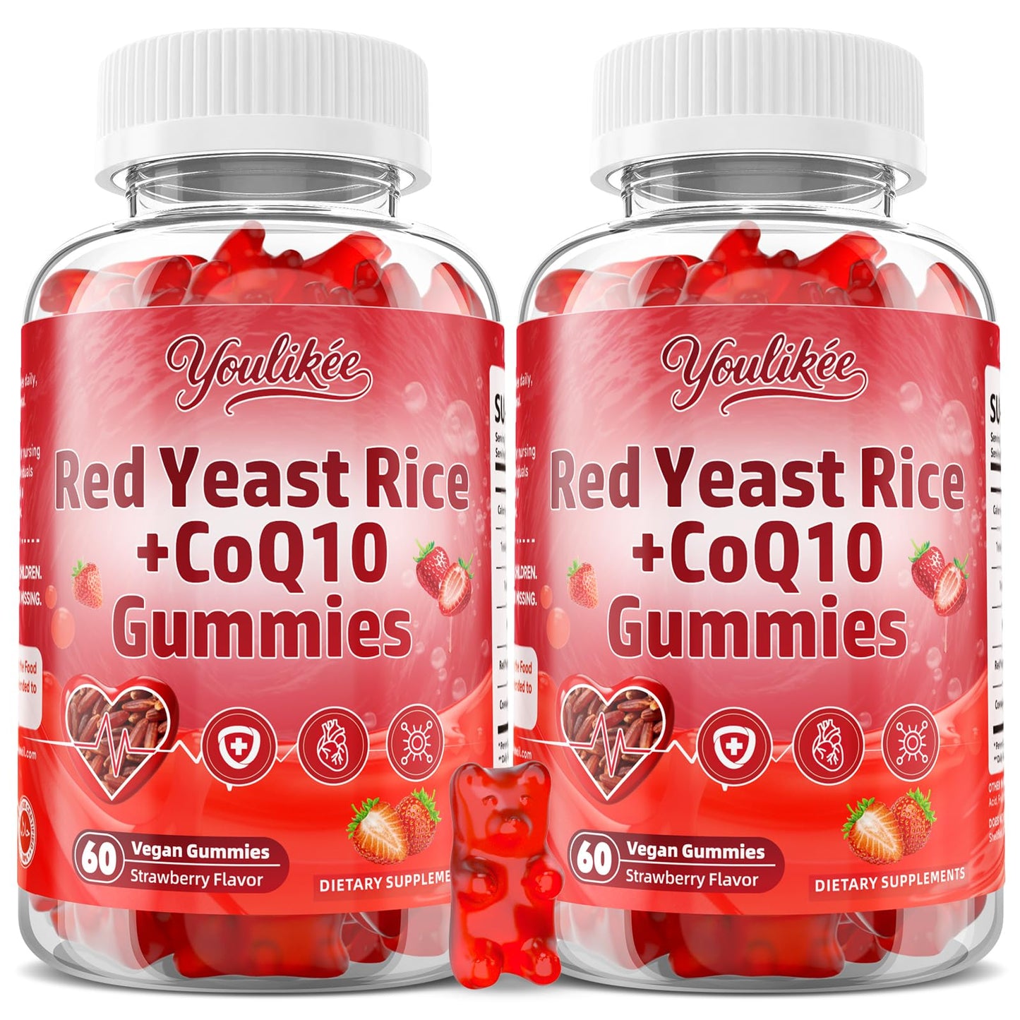 Red Yeast Rice Gummies 1200mg with CoQ10 100mg, Red Yeast Rice Supplement | Supports Cellular Energy Production and Natural Antioxidant Defense, Vegan, Gluten-Free, Strawberry Flavor, 60 Count