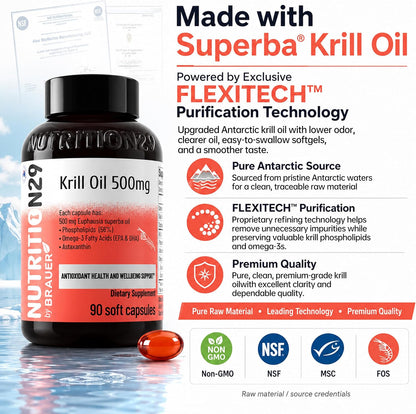 N29 Antarctic Krill Oil 500mg,60 softgels,Omega 3 Supplements with EPA,DHA | Astaxanthin,Phospholipid for Heart Brain Joint Skin Support,No Fishy Burps,Non-GMO, Gluten-Free