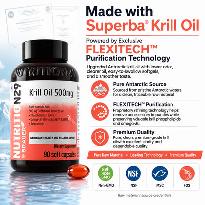 N29 Antarctic Krill Oil 500mg,60 softgels,Omega 3 Supplements with EPA,DHA | Astaxanthin,Phospholipid for Heart Brain Joint Skin Support,No Fishy Burps,Non-GMO, Gluten-Free