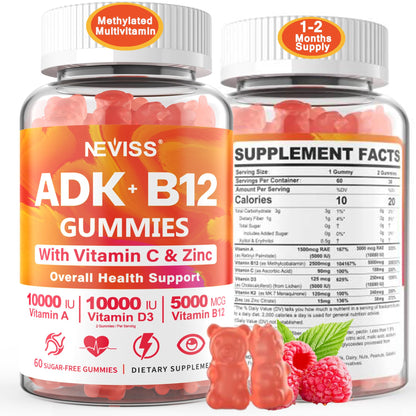 Sugar-Free ADK+Vitamin B12 Gummies - Vitamin D3 K2 10,000IU/ 5000IU, B12 5000mcg 2500mcg, K2 (MK-7) 240mcg, Multivitamin Adults-Vitamin A,Vegan Vitamin D,Methyl B12,C,Zinc-Eye,Bone,Energy,Nerve,Immune