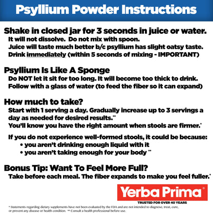 Yerba Prima Psyllium Husk Powder - 24 oz - Fine Ground, Unflavored, Sugar Free - Natural Fiber Supplement - Also for Baking - Contains Both Soluble & Insoluble Bulk for Regularity Support
