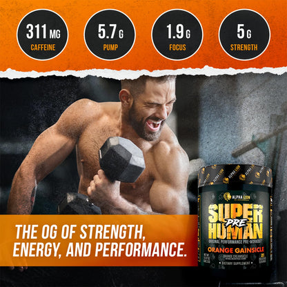 ALPHA LION Superhuman Pre Workout Powder, Beta Alanine, L-Taurine & Tri-Source Caffeine for Sustained Energy & Focus, Nitric Oxide & Citrulline for Pump (21 Servings, Sour Gummy Bear Flavor)