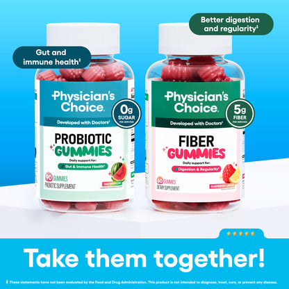 Physician's CHOICE Probiotic Gummies with Vitamin D & Prebiotic Fiber - Sugar Free - 1B CFUs of Clinically Studied Probiotic - Supports Immune & Gut Health for Women & Men - Watermelon Flavor - 60CT
