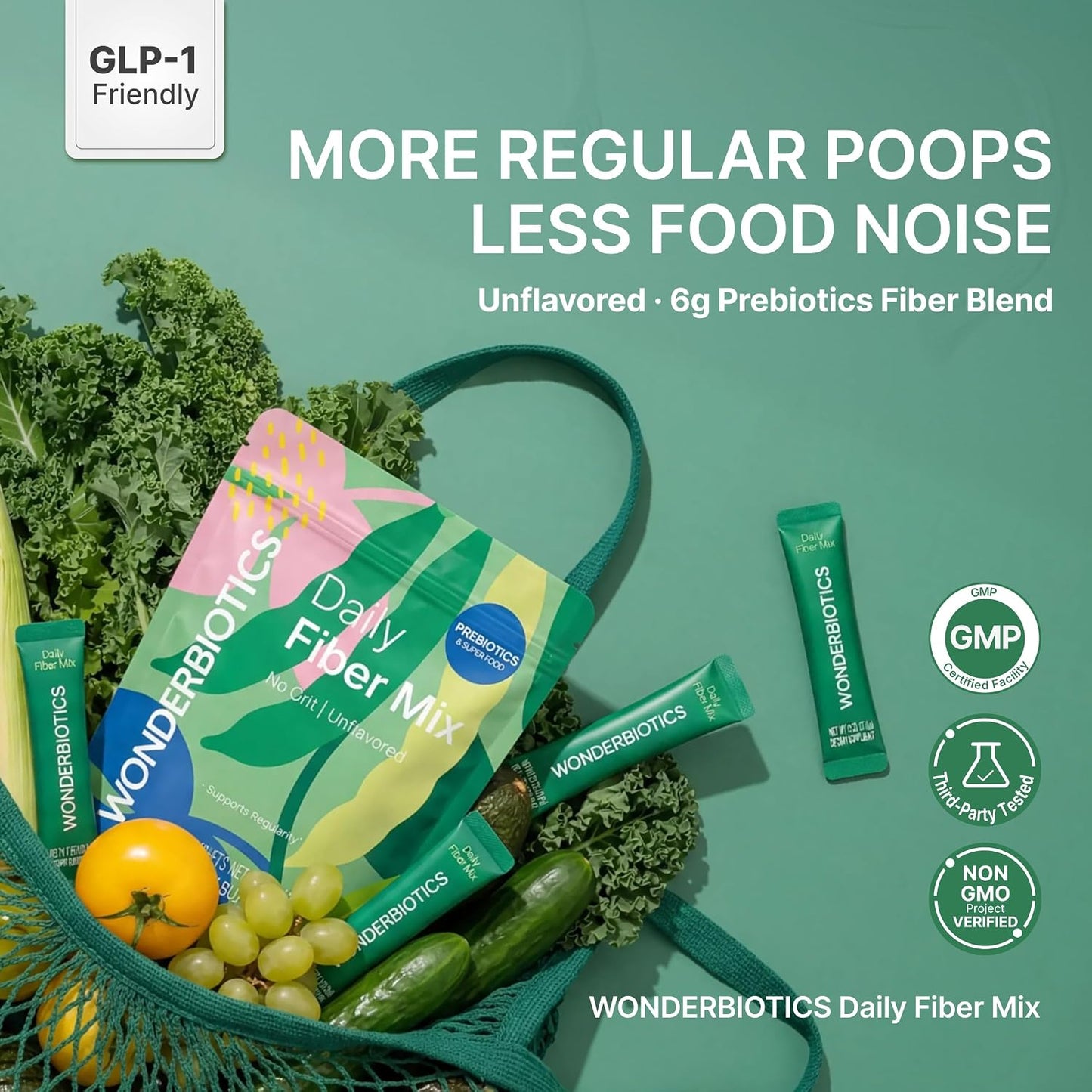 GLP-1 Support Fiber Supplement 6g Powder Packets - 30 Sachets | 5 Diverse Fibers with Prebiotics for Appetite Suppressant, Regularity, PHGG, Psyllium Husk, Daily Drink Mix for Women & Men