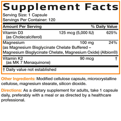 Bronson Vitamin K2+D3 Magnesium Glycinate Supplement, 60 Capsules | 3-in-1 Bone & Heart Health Support Formula, Non-GMO, Gluten Free, Soy Free