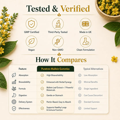 Mullein Gummies 60 Count, 8 in 1 Herbal Blend for Respiratory Support, Lung & Immune Care, Mullein Leaf Extract, Elderberry, Vitamin C, Ginger Root, Quercetin, Bromelain, Pineapple Flavor