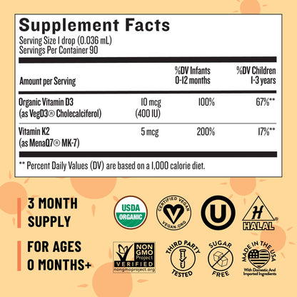 Legendairy Milk Organic Baby Vitamin D3 K2 Liquid Drops, 400 IU of Baby Vitamin D Drops