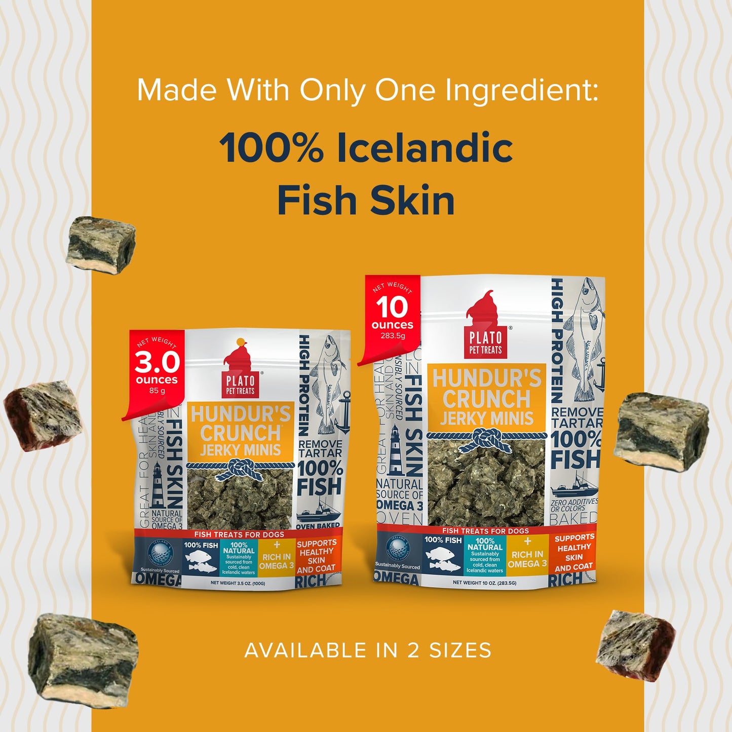 Plato Single Ingredient Wild-Caught Cod Skin Bites Dog Treats, Air-Dried Omega-Rich Skin & Coat Support, 10 oz