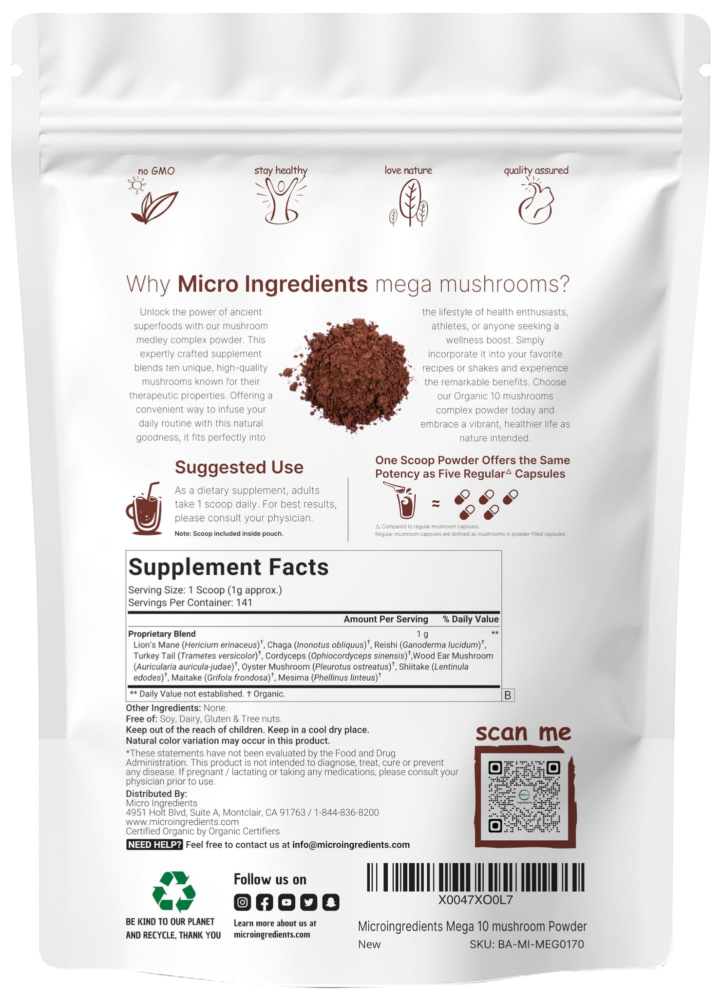 Micro Ingredients Organic Mega Mushroom Powder, 5oz (141 Days Supply) | 10-in-1 with Chaga, Lion’s Mane, Cordyceps & More | Great for Smoothies & Daily Use | Non-GMO, Vegan Friendly