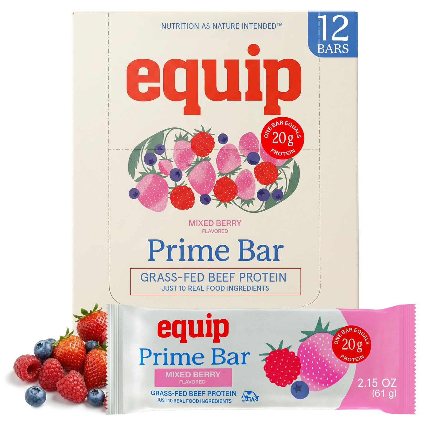 Equip Foods High Protein Prime Bars – Grass Fed Beef Protein, Collagen & Tallow – Gut Friendly, Gluten Free 20g Protein Bars - Only Real-Food Ingredients - Peanut Butter Chocolate, 12 Count