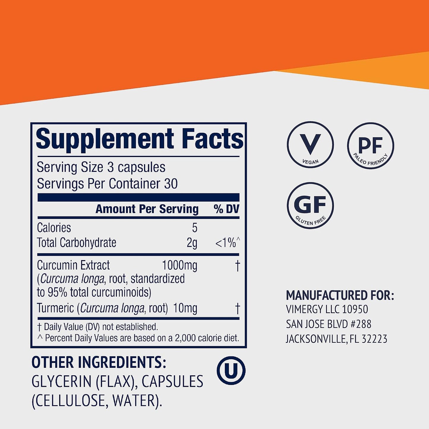 Vimergy Curcumin with Turmeric Supplement, 1000mg Curcumin Extract/Serving – Liquid Capsules - Non-GMO, Gluten-Free, Kosher, Vegan & Paleo Friendly Turmeric Curcumin Supplement