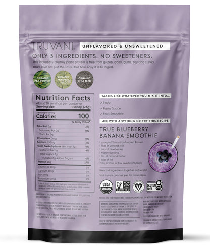 Truvani Organic Plant Based Protein Powder | Vanilla | 18 Servings | Vegan | 20g Pea Protein | Keto | Gluten & Dairy Free | Low Carb | No Added Sugar