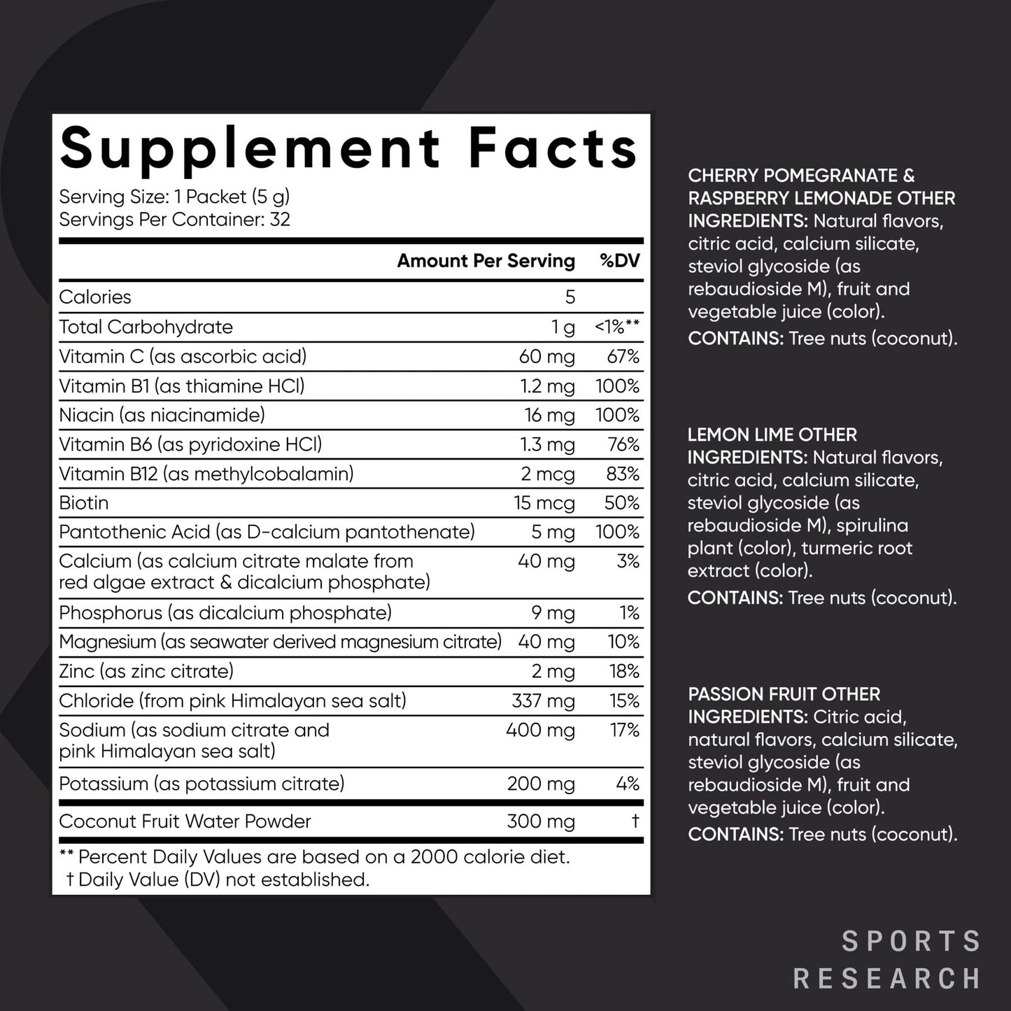 Sports Research® Hydrate Electrolytes Powder Packets - Sugar-Free & Naturally Flavored with Vitamins, Minerals, and Coconut Water - Supports Hydration - 16 Packets - Variety Pack | Sugar-Free