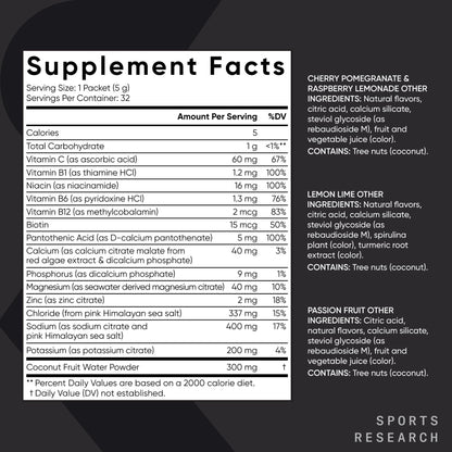 Sports Research® Hydrate Electrolytes Powder Packets - Sugar-Free & Naturally Flavored with Vitamins, Minerals, and Coconut Water - Supports Hydration - 16 Packets - Variety Pack | Sugar-Free