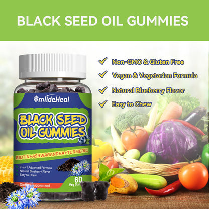 Black Seed Oil Gummies, Organic Black Cumin Seed Oil Gummies, Black Cumin Seed Oil Organic 500mg, Chewable Black Seed and Honey Gummies, Vegan, 60 Gummies