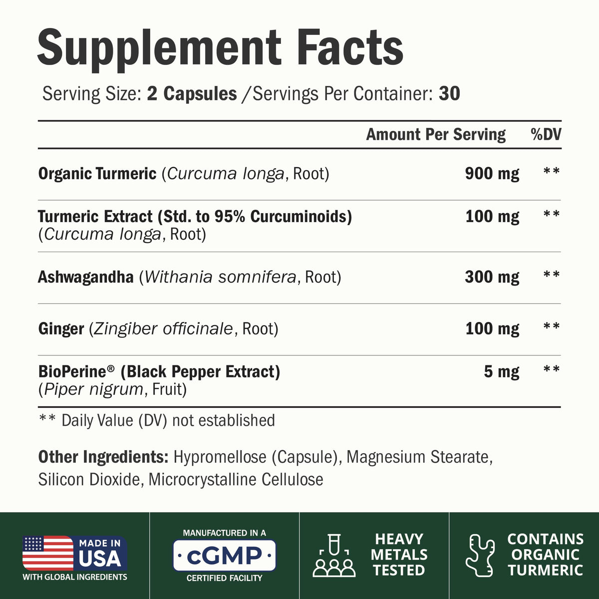 Ashwagandha Capsules with Turmeric & Ginger for Energy, Mood & Joints 60 Ct