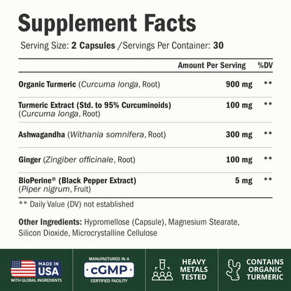 Ashwagandha Capsules with Turmeric & Ginger for Energy, Mood & Joints 60 Ct
