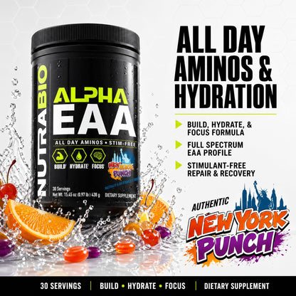 NutraBio Alpha EAA - All-Day Amino Acids for Muscle Growth and Hydration - Essential Amino Acids with Nootropics & Adaptogens- Full Spectrum EAA BCAA Powder - 30 Servings - Strawberry Lemon