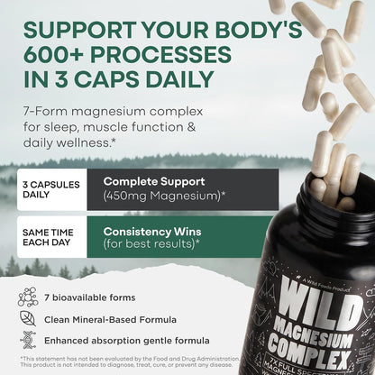 Wild Foods Magnesium Complex Supplement with 7X Forms, 90 Capsules | High Absorption, Full Spectrum, Easy Digestion | 500mg Glycinate, Bisglycinate, Malate, Orotate, Citrate, Taurate