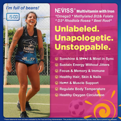 NEVISS 52-in-1 Methylated Multivitamin for Women Gummies with Iron, Omega-3, B6 B9 B12 for Day | Magnesium Glycinate, Calcium, Collagen for Night Renewal/Sleep, Womens 18 30 40 50 60 70+ AM PM Daily