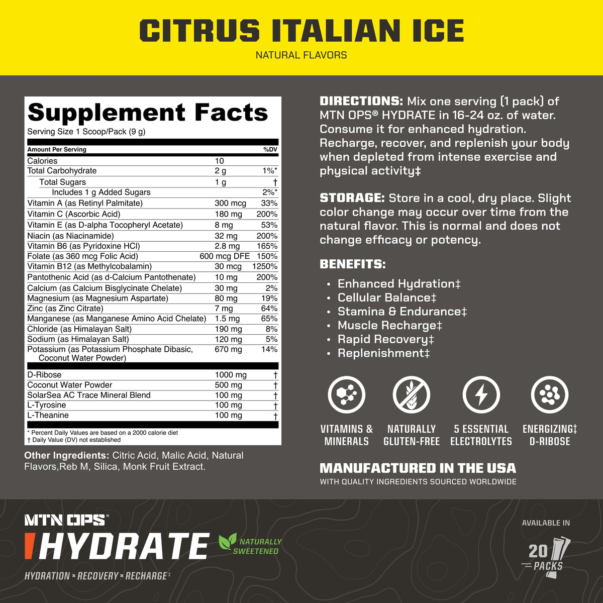 MTN OPS Hydrate Sugar Free Electrolyte Packets, Mango Peach