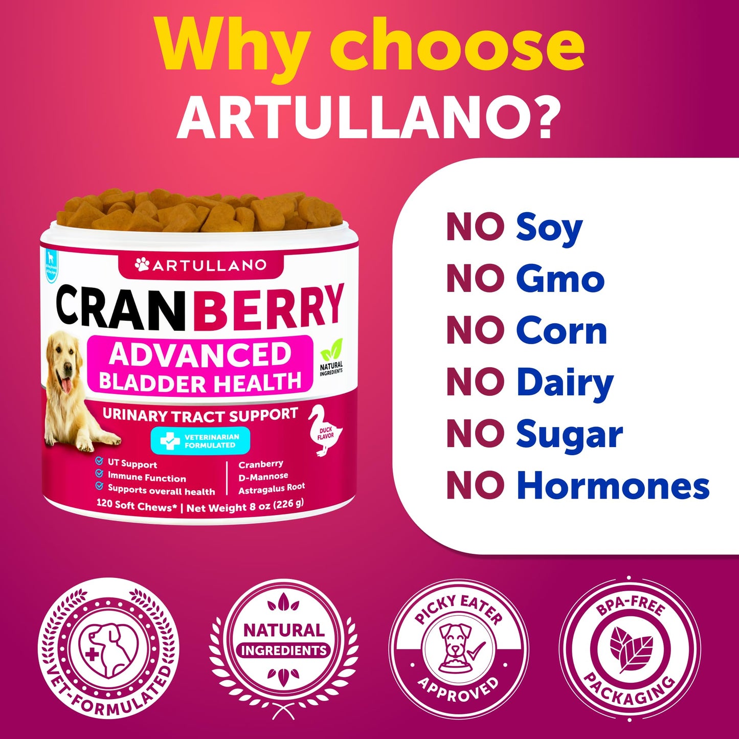 Dog UT Treats - Cranberry Chews for Dogs - Urinary Tract & Bladder Support Supplement with Natural Cranberry Extract - Tasty 120 Soft Bites for Daily Wellness with Fish Oil, Pumpkin, D-Mannose