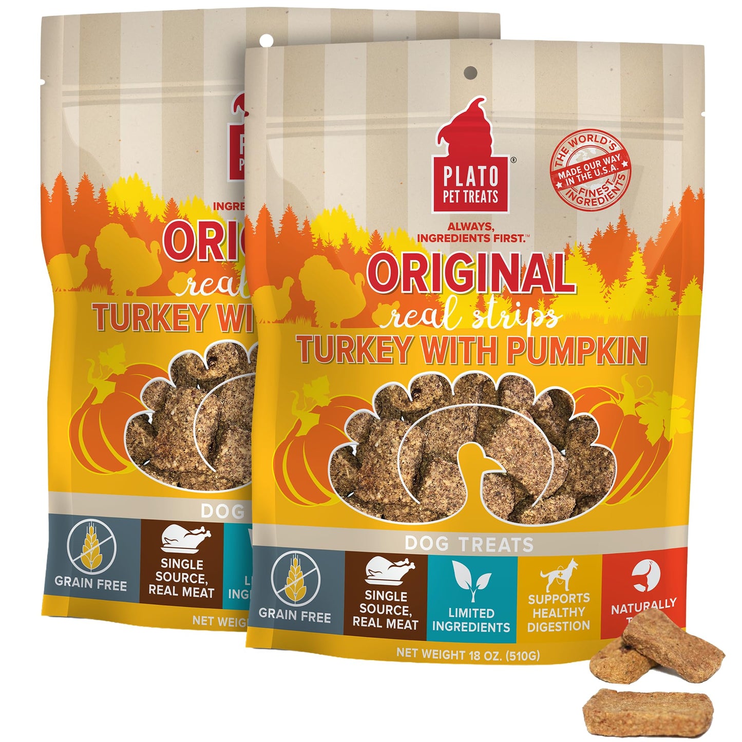 Plato Pet Treats Real Strips - Air-Dried Meat Bars for Dogs - Delicious, Limited Ingredient Dog Treats - Grain Free - Original Real Strips Turkey & Pumpkin 18oz - 2 Pack