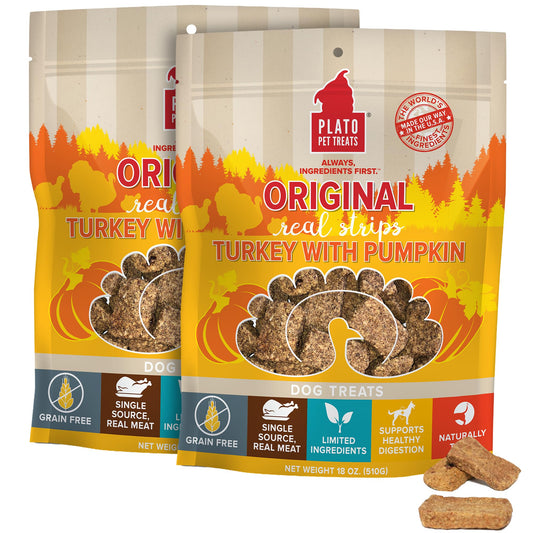 Plato Pet Treats Real Strips - Air-Dried Meat Bars for Dogs - Delicious, Limited Ingredient Dog Treats - Grain Free - Original Real Strips Turkey & Pumpkin 18oz - 2 Pack