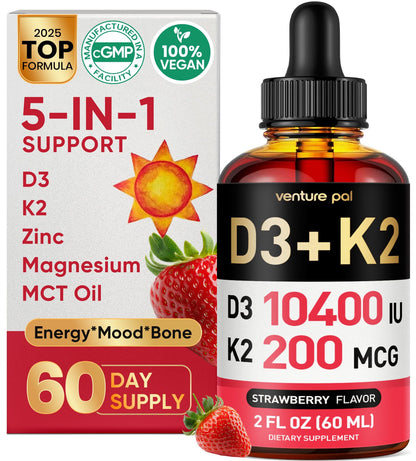 5-in-1 Vitamin D3 K2 Drops, Vitamin D3 10400 IU & K2(MK-7) 200mcg | With Magnesium, MCT Oil, Zinc, Maximum Absorption Vitamin D Liquid for Bone, Mood & Immune - Sugar Free | 2 FL OZ | 60 Days
