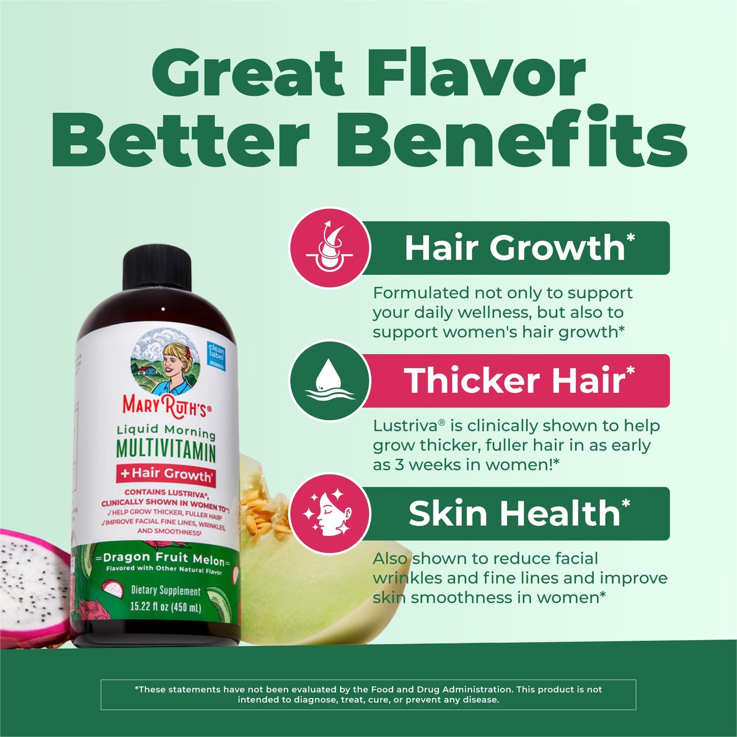 MARYRUTH'S Liquid Multivitamin + Hair Growth | Clinically Tested in Women for Thicker Hair & Facial Wrinkles | Biotin 10000mcg | Lustriva Hair Growth Supplements | Skin Care | Ages 18+ | 15.22 Fl Oz