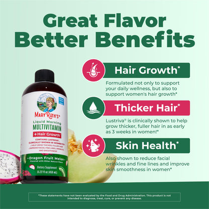 MARYRUTH'S Liquid Multivitamin + Hair Growth | Clinically Tested in Women for Thicker Hair & Facial Wrinkles | Biotin 10000mcg | Lustriva Hair Growth Supplements | Skin Care | Ages 18+ | 15.22 Fl Oz