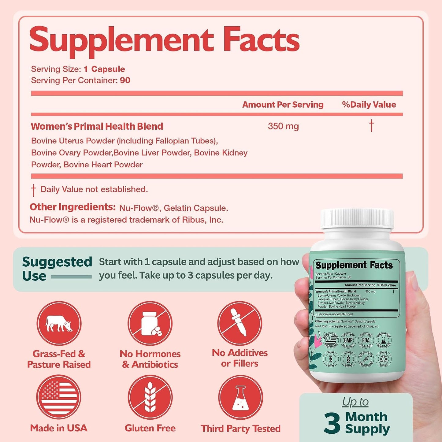 Happee Grass Fed Beef Organ Supplement for Women - Beef Liver, Heart, Kidney, Ovary & Uterus Blend - Hormone Balance, Energy & Cycle Support - 90 Capsules