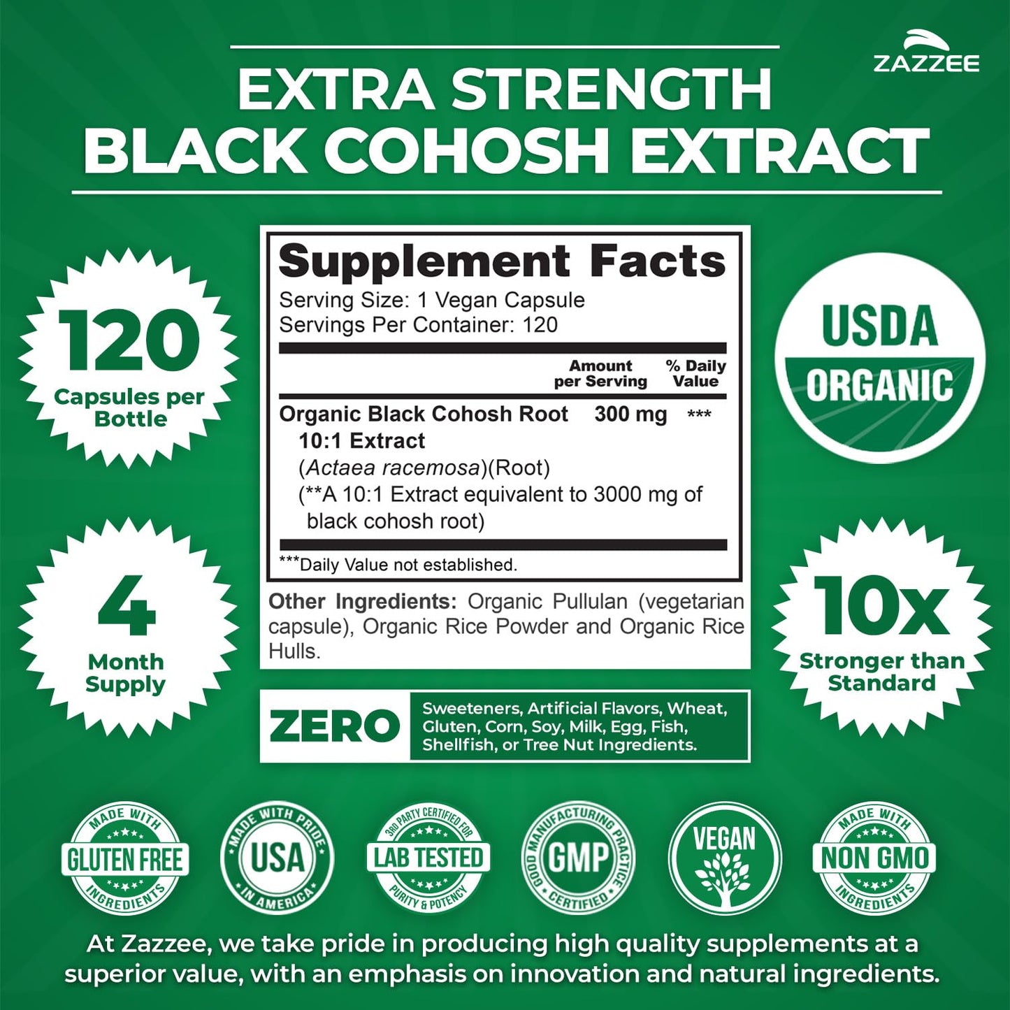 Zazzee USDA Organic Black Cohosh 10:1 Extract, 120 Vegan Capsules, 4 Month Supply, Actaea Racemosa, Women’s Health & Hormonal Balance Support, All-Natural, Non-GMO, Made in the USA