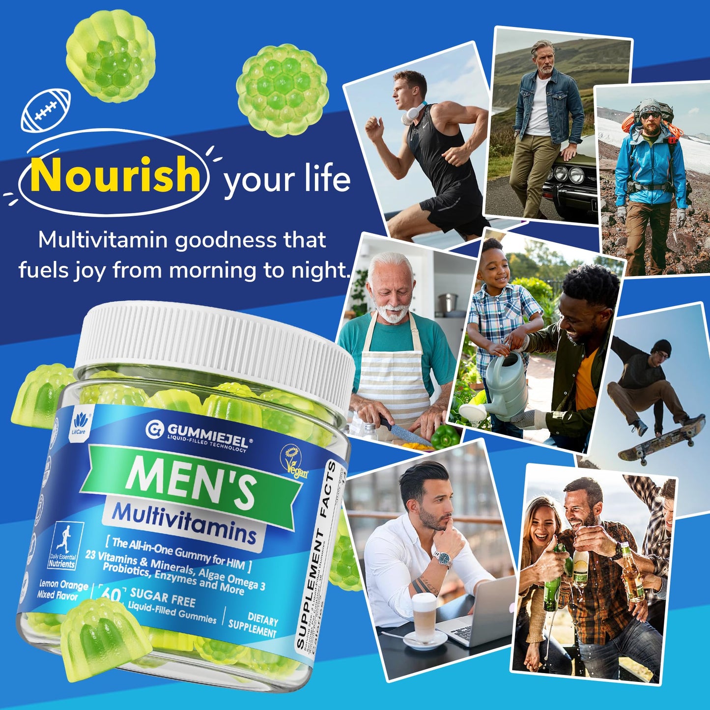 Mens Multivitamins Gummies, Methylated Multivitamin for Men, B Complex, Minerals, Vegan Omega 3, Probiotic, Enzyme, Antioxidants for Men's Complete Daily Support, Sugar Free, Vegan (No Iron) 60 Counts