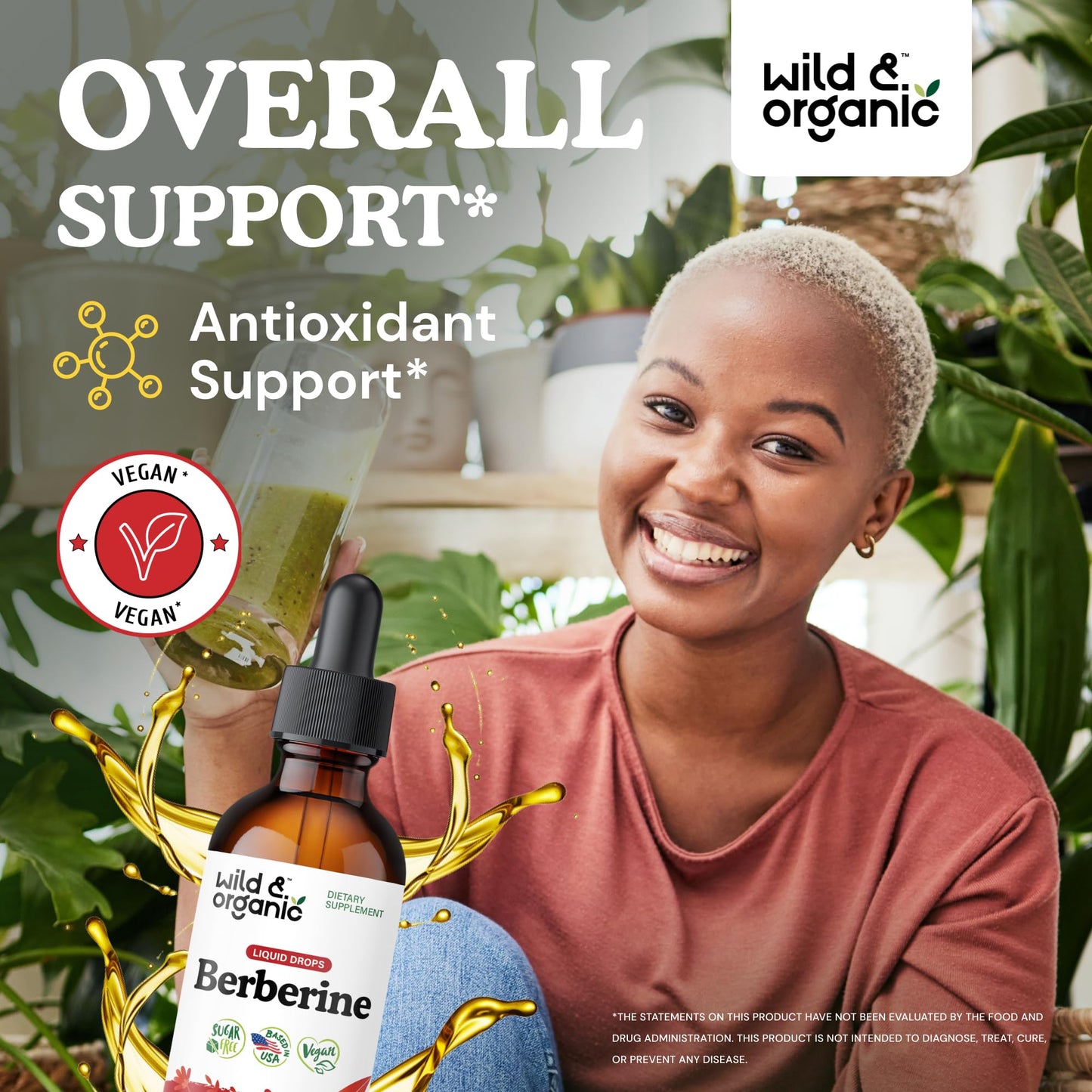 Wild & Organic Berberine Drops - Antioxidant Support - Liquid Berberine HCL 500mg - Add to Tea Supplement - Berberis Aristata Bark Extract - Pure, Vegan, Alcohol & Sugar-Free Tincture - 4 fl oz