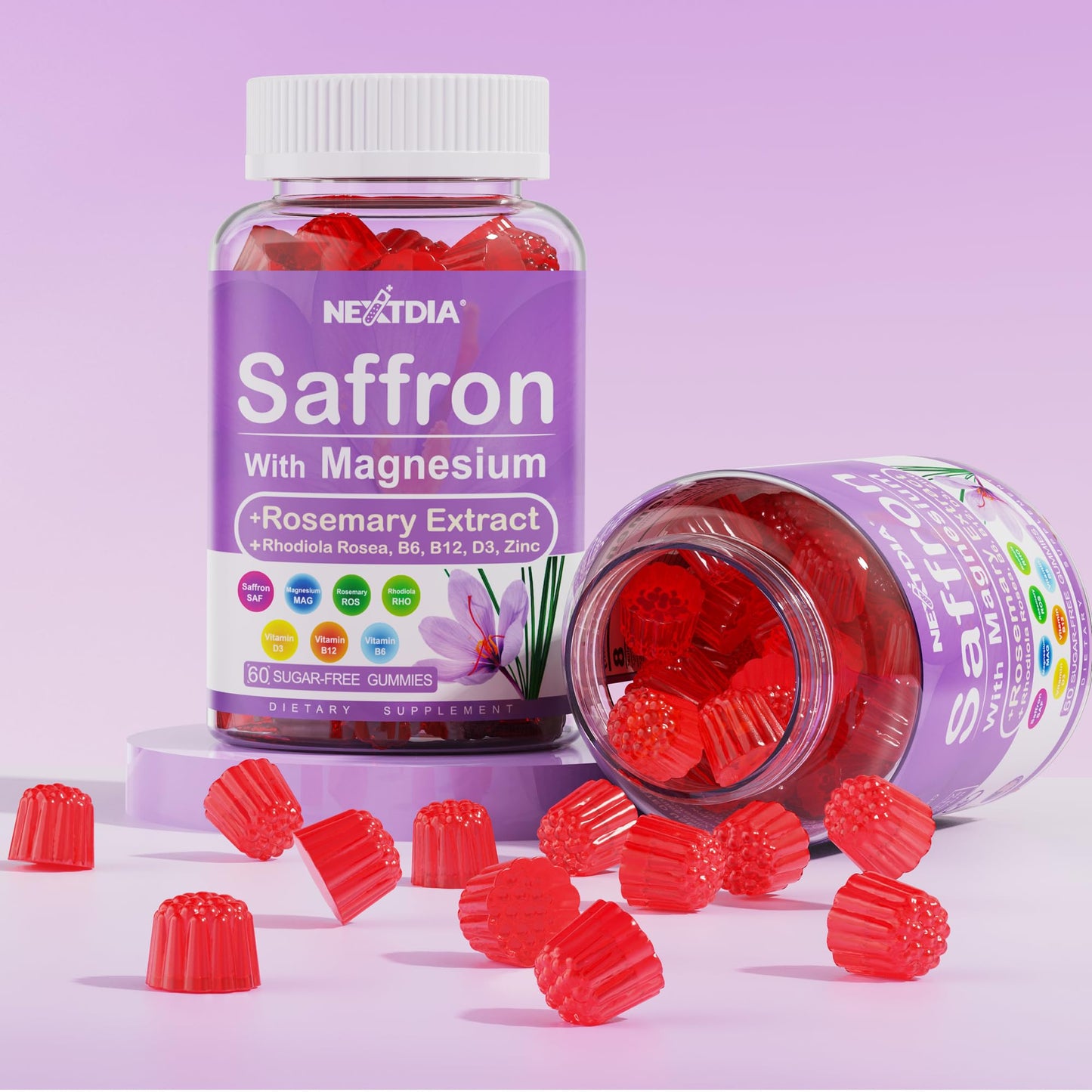 Happy Saffron Supplements Gummies - 4 Months Supply -Saffron Extract 177mg 88.5mg, w/ Magnesium Glycinate 400mg 200mg, Rhodiola, Rosemary, Vitamin D, B6 B12 for Rest, Mood, Calm, Focus, Sugar-Free