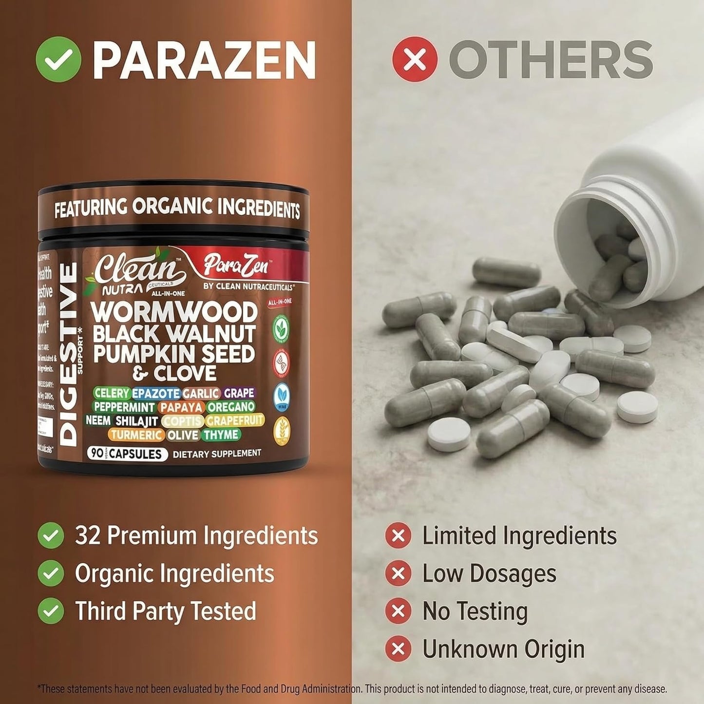 Clean Nutra Wormwood Black Walnut Pumpkin Seed Clove Oil Celery Garlic Grape Papaya Neem Diatomaceous Earth Womens Probiotic Gut Health Cleanse Detox Oregano Olive Turmeric Supplement Vegan Capsules