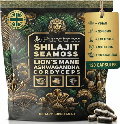 Shilajit Sea Moss Lions Mane Ashwagandha Cordyceps Capsules, 6-in-1 Mushroom Complex with BioPerine, 400mg Shilajit Extract, 120 Vegan Capsules, Made in UK, Third Party Tested