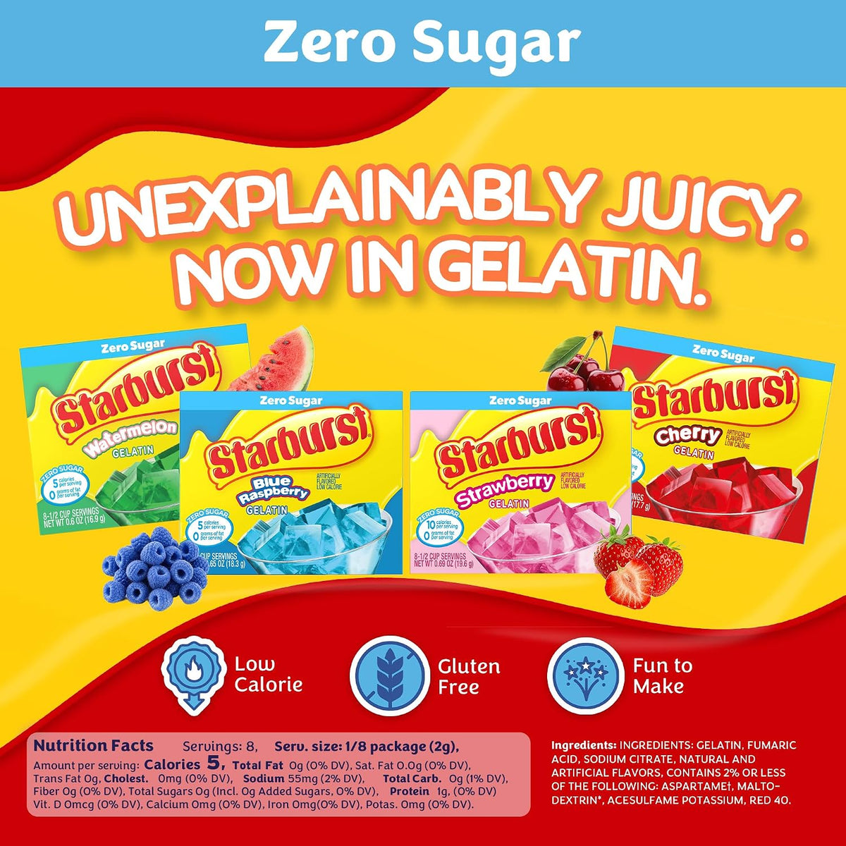 Starburst Sugar Free Gelatin Variety Pack - Pack of 4-4 Flavors - 1 of Each Flavor - Watermelon, Strawberry, Cherry, and Blue Raspberry - Easy to Make for a Variety of Uses