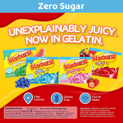 Starburst Sugar Free Gelatin Variety Pack - Pack of 4-4 Flavors - 1 of Each Flavor - Watermelon, Strawberry, Cherry, and Blue Raspberry - Easy to Make for a Variety of Uses