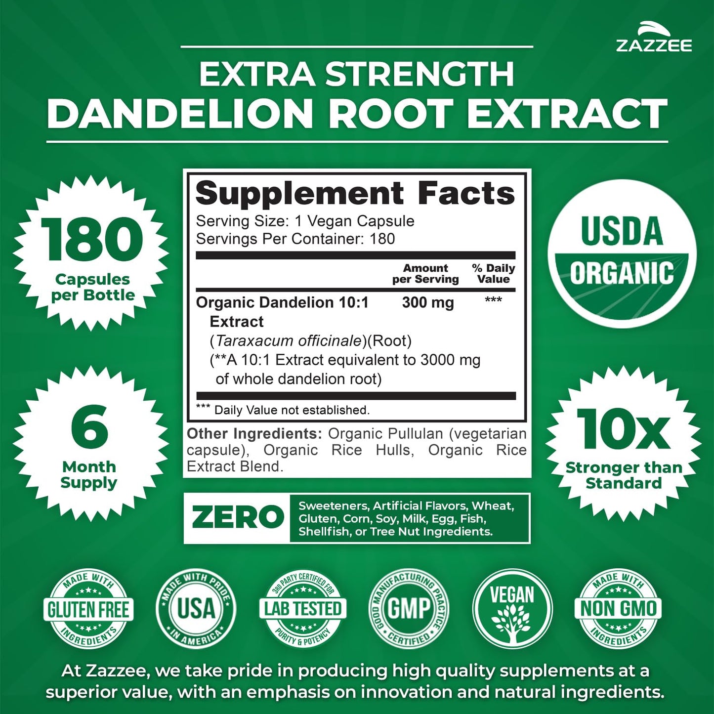 Zazzee USDA Organic Dandelion Root 10:1 Extract, 120 Capsules, 4 Month Supply, Liver & Detox Support, Taraxacum Officinale, Organic Herbal Supplement, All-Natural, Non-GMO, Made in the USA