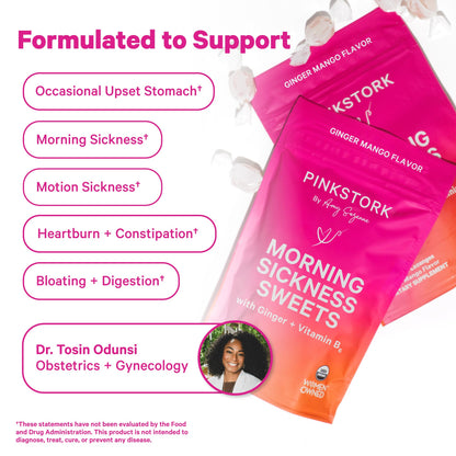Pink Stork Morning Sickness Sweets Organic Raspberry Ginger, 30 Count | USDA Organic Ginger + Vitamin B6, Motion Sickness Support, Digestive Comfort + Heartburn Support, 30 Wrapped Drops