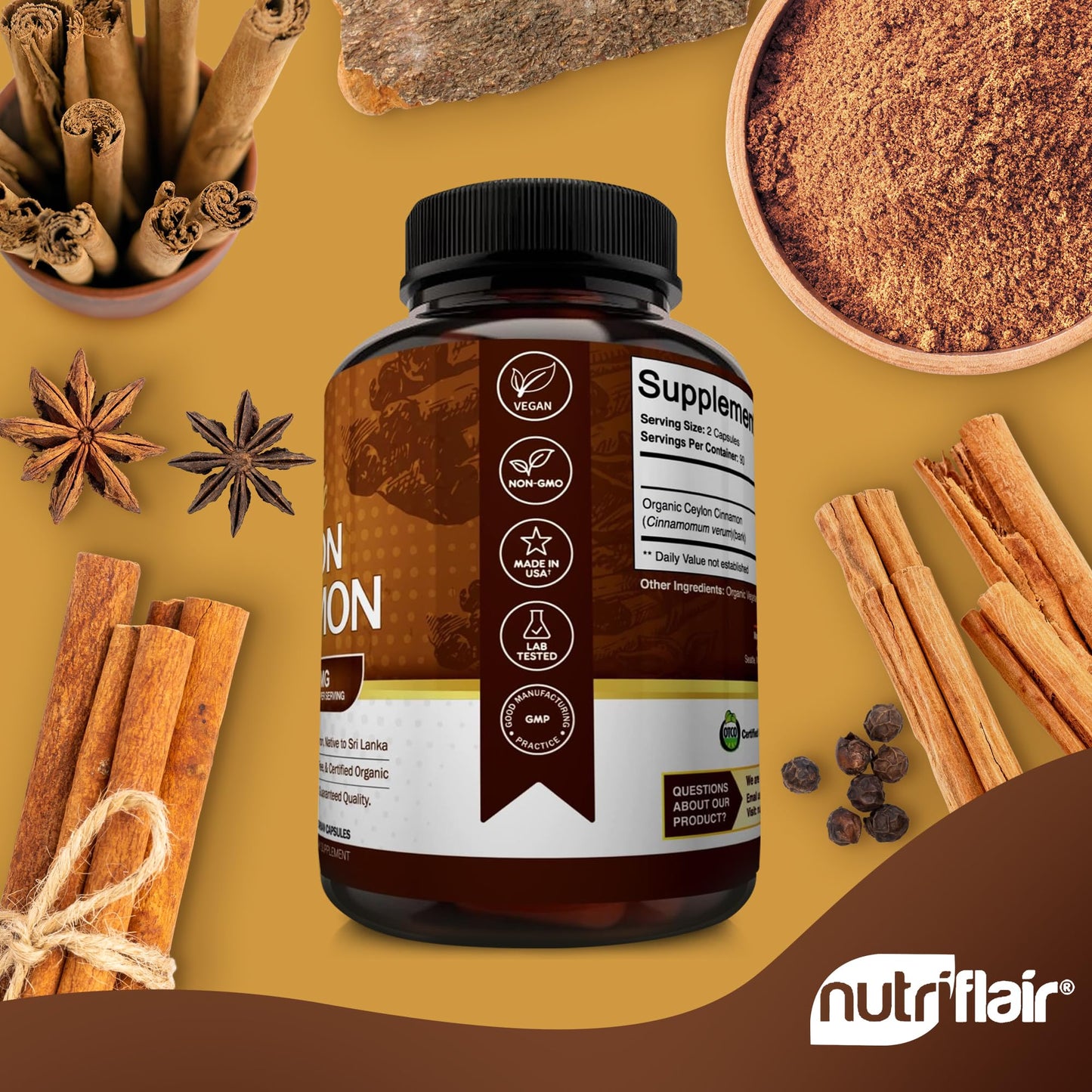 NutriFlair Organic Ceylon Cinnamon Supplement 1200mg, 120 Capsules - USDA Certified - Non-GMO, Gluten Free Powder, Antioxidant Pills