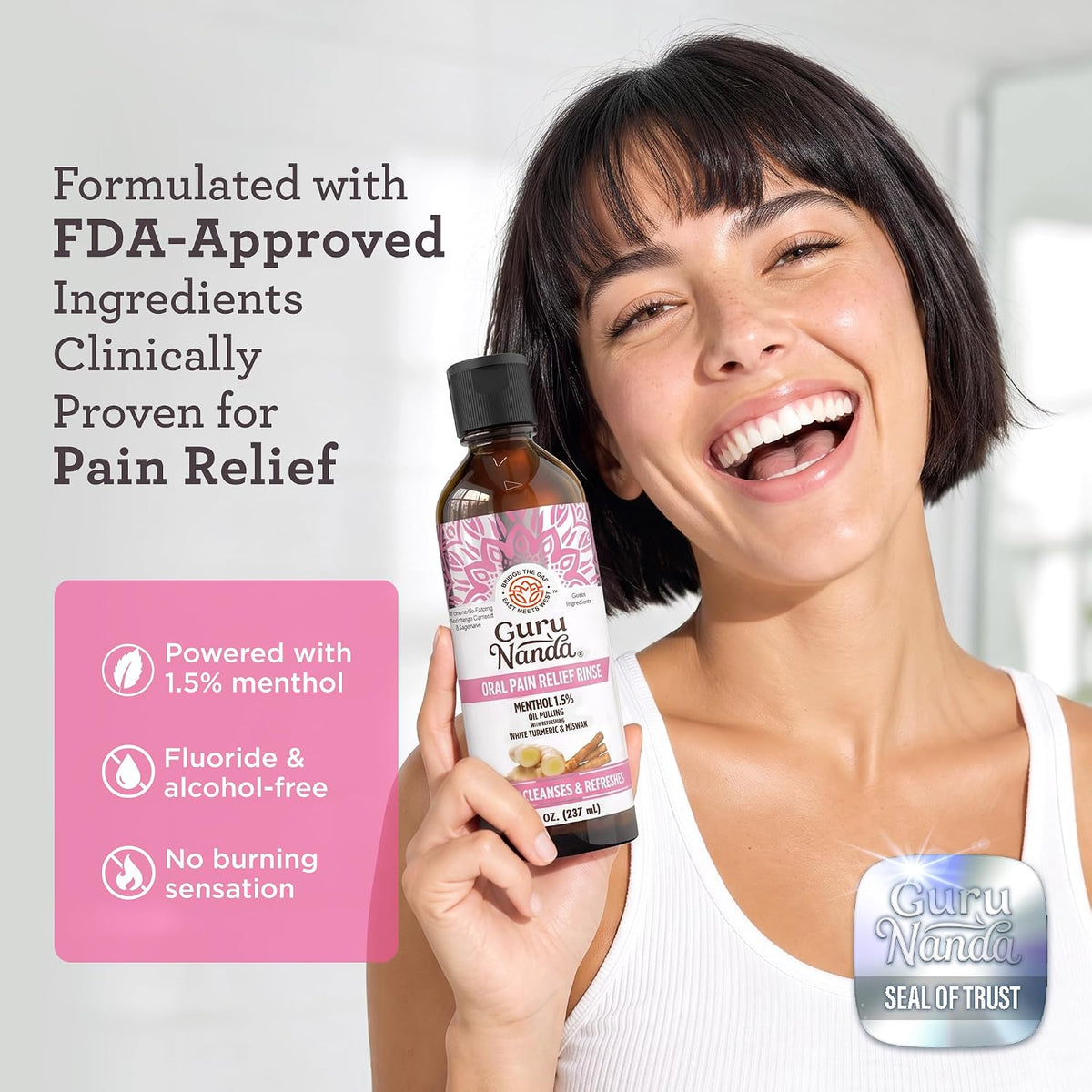 GuruNanda Oral Pain Relief Oil Pulling Mouthwash, Miswak & Clove Oil, 8oz