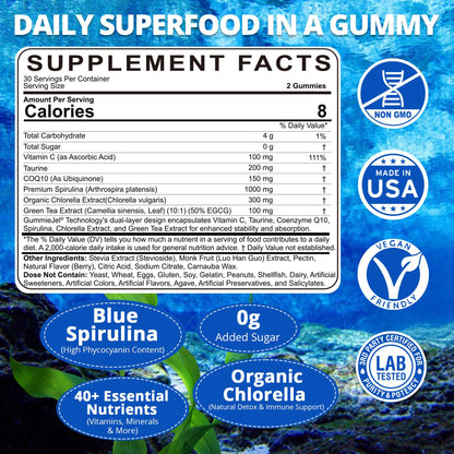 Organic Blue Spirulina Gummies, High Phycocyanin from Nutrient-Rich Blue-Green Algae for Antioxidants, Cellular Energy & Cleanse, Superfood w/Chlorella, CoQ10 & VC,Taurine,Green Tea, Sugar Free, 60 Ct