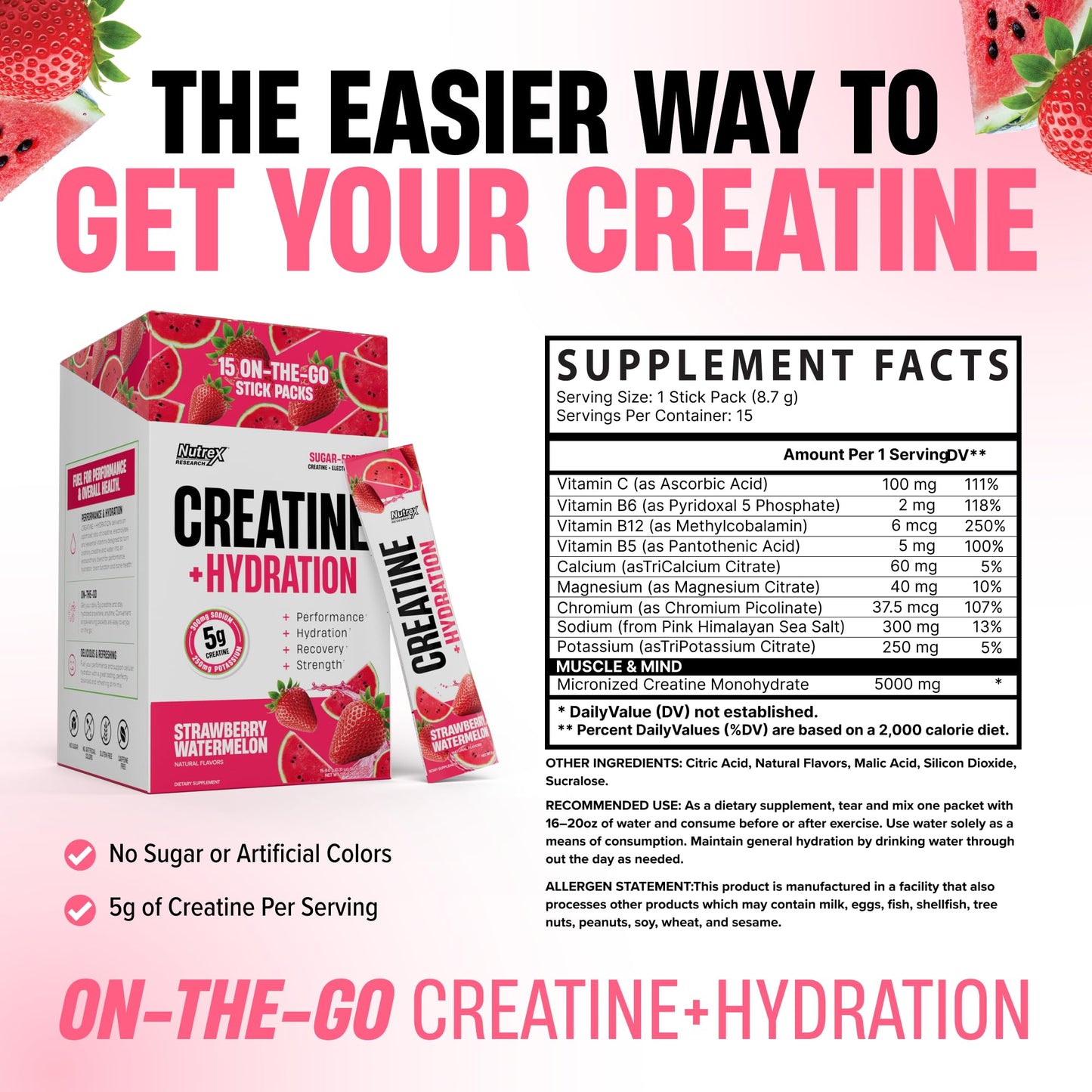 Nutrex Research Essentials Creatine + Hydration Stick Packs, 5g Creatine + Electrolytes, Sugar Free, Gluten Free, Strawberry Watermelon, 15 On-The-Go Stick Packs