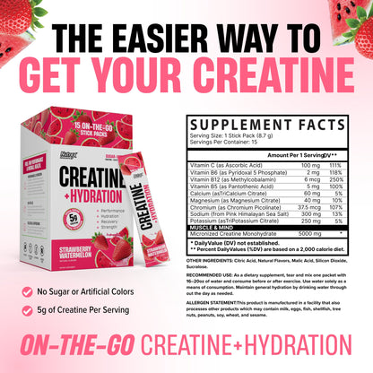 Nutrex Research Essentials Creatine + Hydration Stick Packs, 5g Creatine + Electrolytes, Sugar Free, Gluten Free, Strawberry Watermelon, 15 On-The-Go Stick Packs