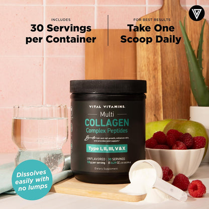 Vital Vitamins Multi Collagen Complex Powder for Hair, Skin, Nails & Joints | 5 Collagen Peptides Types I II III V & X, Unflavored, Easy to Dissolve, Scoop Included Inside, 30 Servings