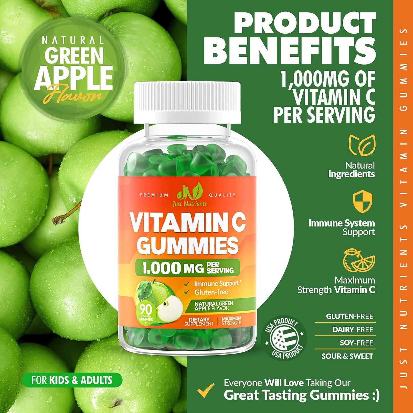 Vitamin C 1000mg Gummies for Adults & Kids, Maximum Strength (90 Count) | Chewable Immune & Collagen Support - Natural Green Apple Flavor - Gluten Free, Vegetarian, Non-GMO